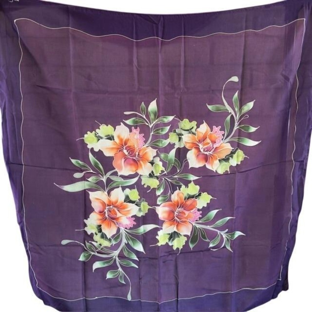 Hand Painted Silk Scarf Purple Coral Hibiscus Floral Malaysia Square‎ Signed Art